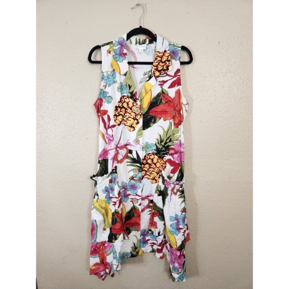 FORCYNTHIA Floral Pineapple Sleeveless‎ Dress Hawaiian Tropical Linen Blend M